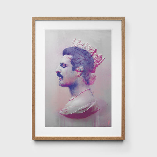 Pink Freddie Mercury Print in Oak Frame