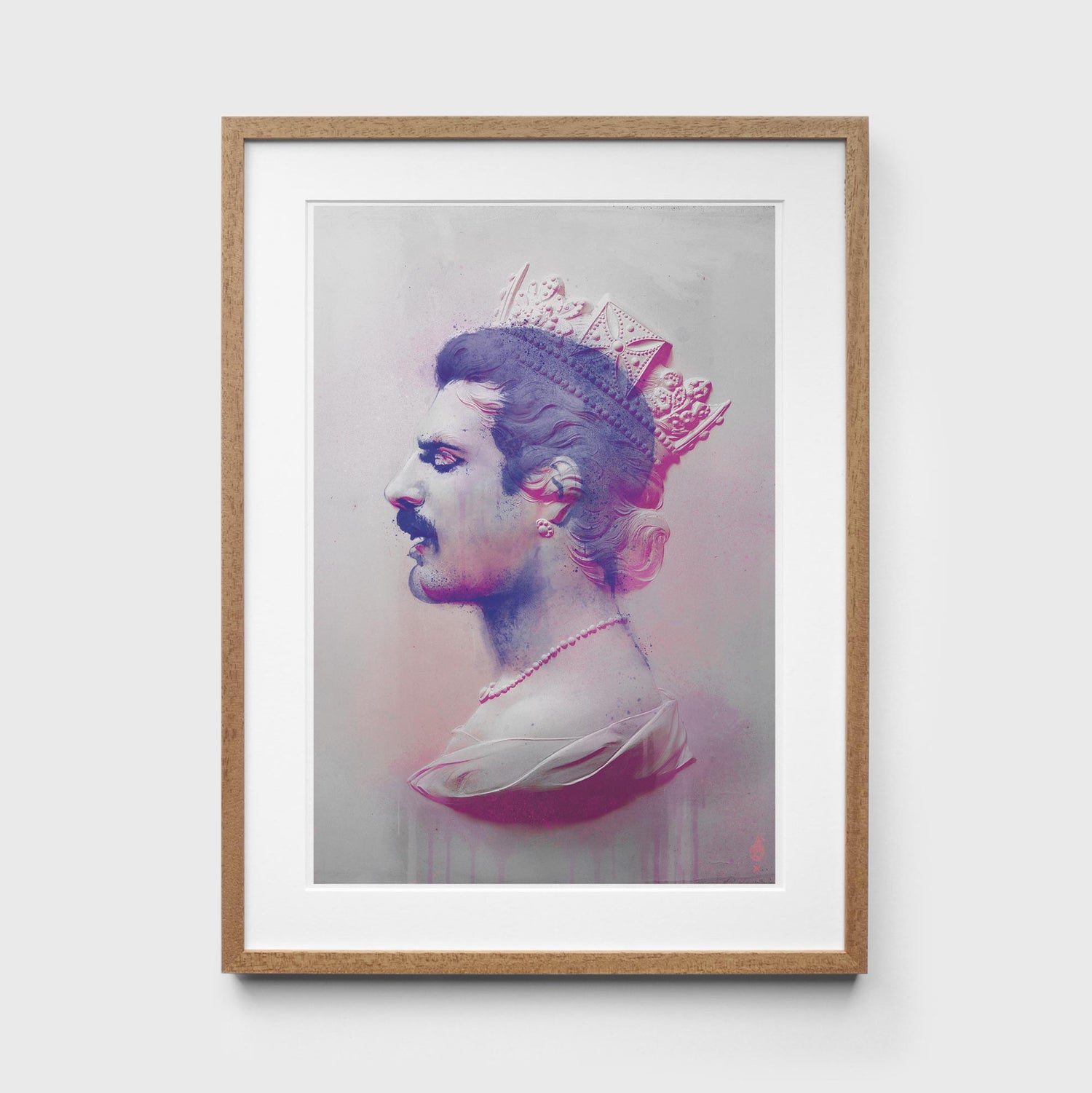 Pink Freddie Mercury Print in Oak Frame